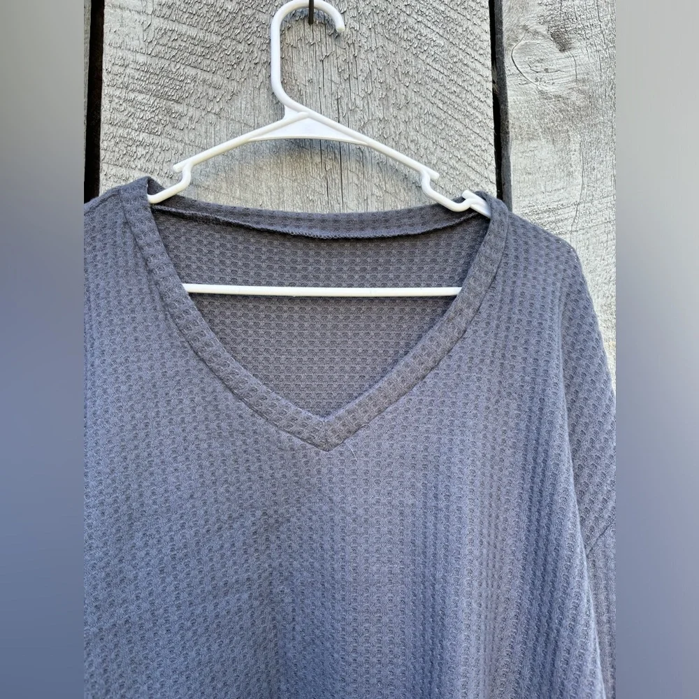 SHEIN EZ Wear drop shoulder long sleeve V neck grey ribbed top size L